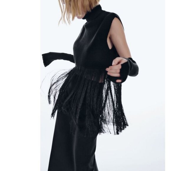 Zara Black Turtleneck Sleeveless Fringe Knit Top, NWT, S - Picture 3 of 11